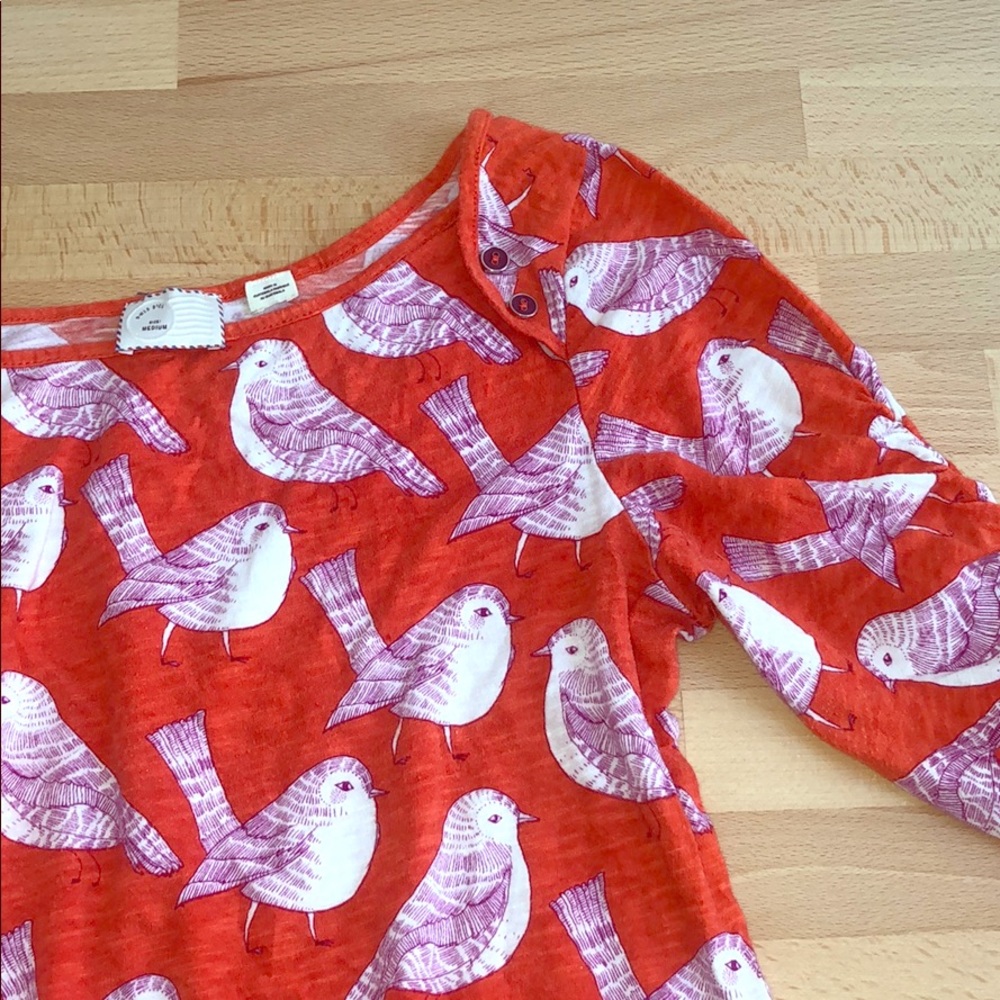 Anthropologie Post Mark M Coral Red Shirt w/ Birds